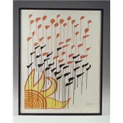 ALEXANDER CALDER color lithograph of sun with stylized flags in orange, yellow and black, framed....