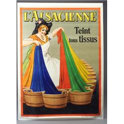 Large color lithograph Belgian advertising poster, c. 1920, "L'Alsacienne Teint tous tissus," ("T...