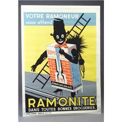 Large color lithograph Belgian advertising poster, c. 1920, "Ramonite," ("Your chimney-sweep awai...