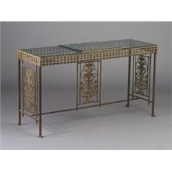 Art Deco brass-washed cast metal console table in the style of Oscar Bach, with filligree apron,...