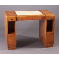 MERCIER FRERES Art Deco fruitwood veneer desk with shagreen panel top, dentil molding to top and...
