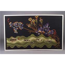 Fine JEAN LURCAT (French, 1892-1966) tapestry, 1958,  L'Etang Vert,  with exotic flowers and a fl...