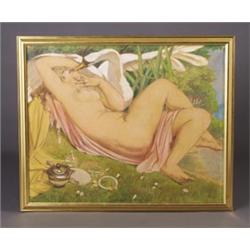 A. LUPIAC drawing-on-paper, canvas mounted, depicting "Leda and the Swan" in polychrome crayon, f...