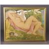 Image 1 : A. LUPIAC drawing-on-paper, canvas mounted, depicting "Leda and the Swan" in polychrome crayon, f...