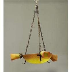 MULLER FRERES hand-wrought iron chandelier, with frosted yellow and orange mottled glass dome and...
