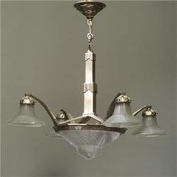 French Art Deco chandelier, c. 1925, of clear and frosted glass with octagonal faceted dome and f...