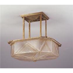 Art Deco hanging ceiling fixture with faceted pink frosted glass shade with geometric pattern, on...