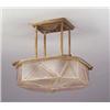 Image 1 : Art Deco hanging ceiling fixture with faceted pink frosted glass shade with geometric pattern, on...