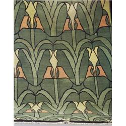 Large contemporary Arts & Crafts style rug with abstract floral motif in celadon, sage, peach, an...