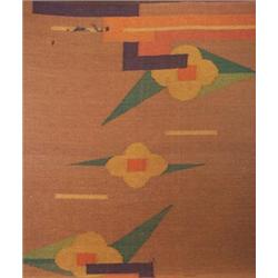 Bauhaus style sisal rug with abstract geometric pattern in green, gold, orange and black on an br...