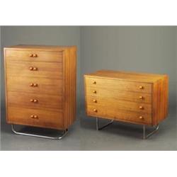 Two GILBERT ROHDE for HERMAN MILLER walnut veneer chests, one with four drawers, the other five,...