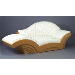 HANS HOLLEIN for POLTRANOVA Post-Modern sofa/chaise, c. 1981, with bird's-eye maple veneer frame,...