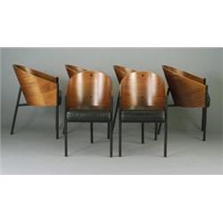 Set of six PHILIPPE STARCK barrel-back mahogany dining chairs, with three tubular legs and leathe...