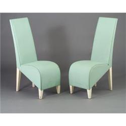 Pair of PHILLIPPE STARCK tall-back chairs, c. 1980, upholstered in pale blue vinyl with teak lace...