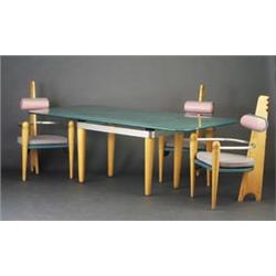 KAISER-NEWMAN (Philadelphia) dining suite, c.1980, with frosted glass top on glossy black ceramic...
