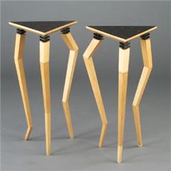 Pair of Post-Modern tripod side tables with enameled black and red triangular tops on tapering cl...