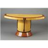 Image 1 : Fine demi-lune console table of satinwood veneer with exotic wood inlay on flaring pedestal base....