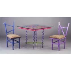 ROBERT DOSTEAU for MEMPHIS structural tea table, c. 1988, of vinyl-coated wire in bright polychro...