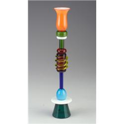 Fine ETTORE SOTTSASS for MEMPHIS polychrome glass candlestick with orange tulip-shape cup over st...