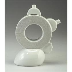 M. THUN for MEMPHIS porcelain teapot with speckled gray pattern over white, on oval foot. Stamped...