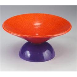 BALDELLI Post-Modern ceramic centerbowl, c.1980, with conical dish glazed in mottled bright orang...