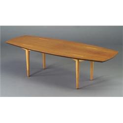 Fine and rare ABEL SORENSON rectangular cocktail table with rounded sides on dowel legs. 17" x 59...