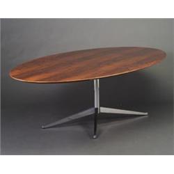 KNOLL oval rosewood conference table with chrome x-base. Partial Knoll International label. 29" x...