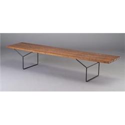 HARRY BERTOIA for KNOLL bench with blond wood slats on wrought-iron Y-joined legs. Unmarked. 15 1...