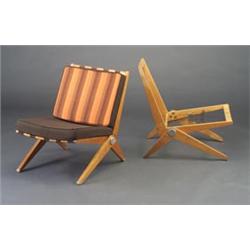 Pair of PIERRE JEANERETTE for KNOLL Scissor chairs on blondwood frames, one with original support...