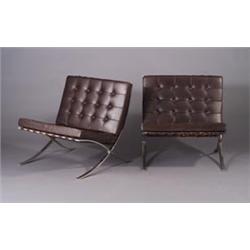 Pair of MIES VAN DER ROHE for KNOLL Barcelona lounge chairs, with brown leather tufted upholstery...