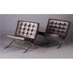 Pair of MIES VAN DER ROHE for KNOLL Barcelona lounge chairs, en suite with preceding. Wear to cor...