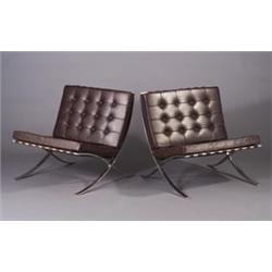 Pair of MIES VAN DER ROHE for KNOLL Barcelona lounge chairs, en suite with preceding. Wear to cor...