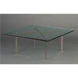 MIES VAN DER ROHE "Barcelona" table with bright chrome X-frame base. Unmarked. Base: 16 1/2" x 27...