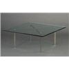 Image 1 : MIES VAN DER ROHE "Barcelona" table with bright chrome X-frame base. Unmarked. Base: 16 1/2" x 27...