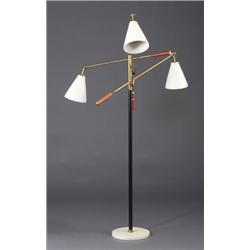 GINO SARFATTI for ARTELUCE Triennale floor lamp with three brass adjustable arms, each with conic...