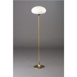 Brass LAUREL floor lamp with elliptical frosted glass shade. Minor pitting to base. Blue paper la...
