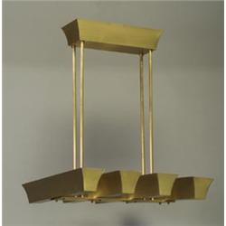 French brushed brass chandelier, c. 1940, with four linear fixtures, each with two lights, with l...