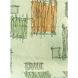 Large wool machine-hooked rug with chocolate, orange, and sage abstract blocks overlaid with blac...