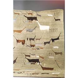 Alpaca and wool pile room-size rug with llamas and figures in shades of brown, white and gray on...