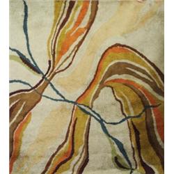 EDWARD FIELDS wool rug, ca. 1964-65, with abstract ribbons in brown, orange, gold, teal, tan, and...