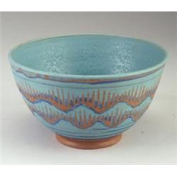 Fine MAIJA GROTELL hand-thrown porcelain large bowl with a banded wave pattern in coral on a teal...