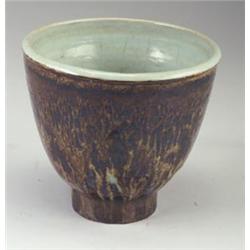 MAIJA GROTELL stoneware footed bowl with sheer flowing umber luster glaze to the exterior with wh...