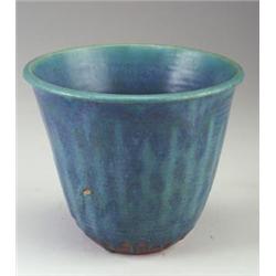 MAIJA GROTELL stoneware tall flaring vessel with teal and cobalt blue mottled matte glaze. Incise...