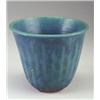 Image 1 : MAIJA GROTELL stoneware tall flaring vessel with teal and cobalt blue mottled matte glaze. Incise...