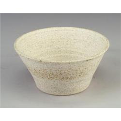 Rare MAIJA GROTELL stoneware flaring bowl with heavy grog covered in a sheer white matte glaze. U...