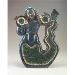 Fine and rare WAYLANDE GREGORY architectural sculpture of a mermaid with two fish, covered in a g...