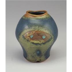 Exceptional FONG CHOW stoneware vessel with dimpled sides and diamond motif in blue and celadon m...