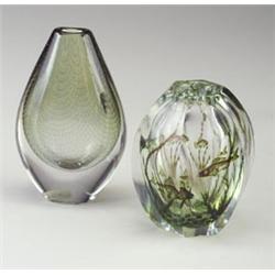 Two ORREFORS glass vases: a teardrop-shaped cased piece with controlled garland of interior bubbl...