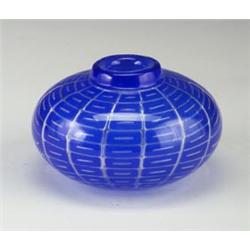 Fine ORREFORS cased glass bulbous vase with internal bubbles in a grid of cobalt and clear glass....