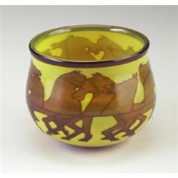 ORREFORS cased glass vase in acid yellow and cocoa brown of galloping horses. Etched ORREFORS, Gr...